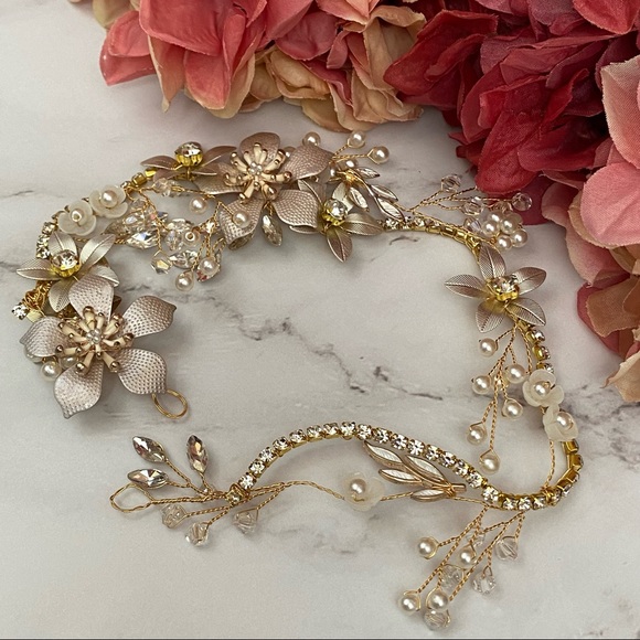 Romantic Rose Gold Flower Crystal Pearl Tiara Headdress - Picture 7 of 16